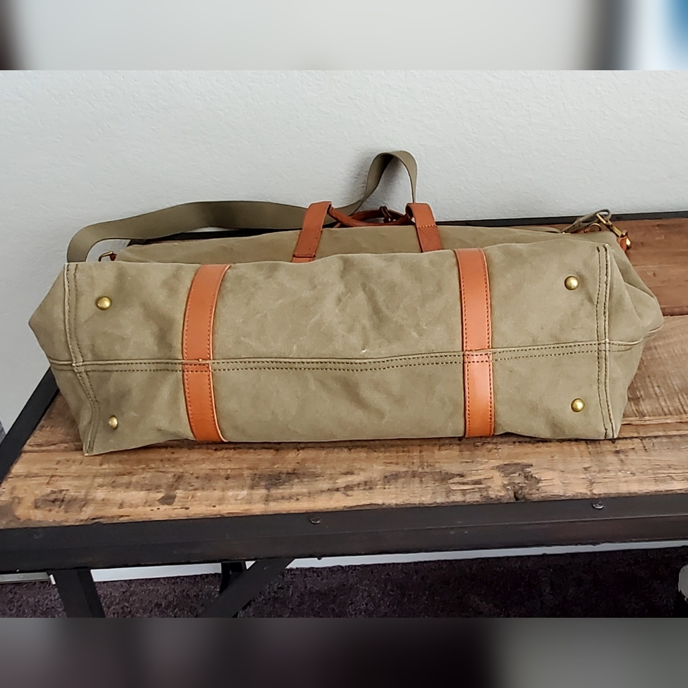 Madewell Essential Weekender Washed Canvas Bag, Army Gr./Brown Leather, EUC - Picture 5 of 15